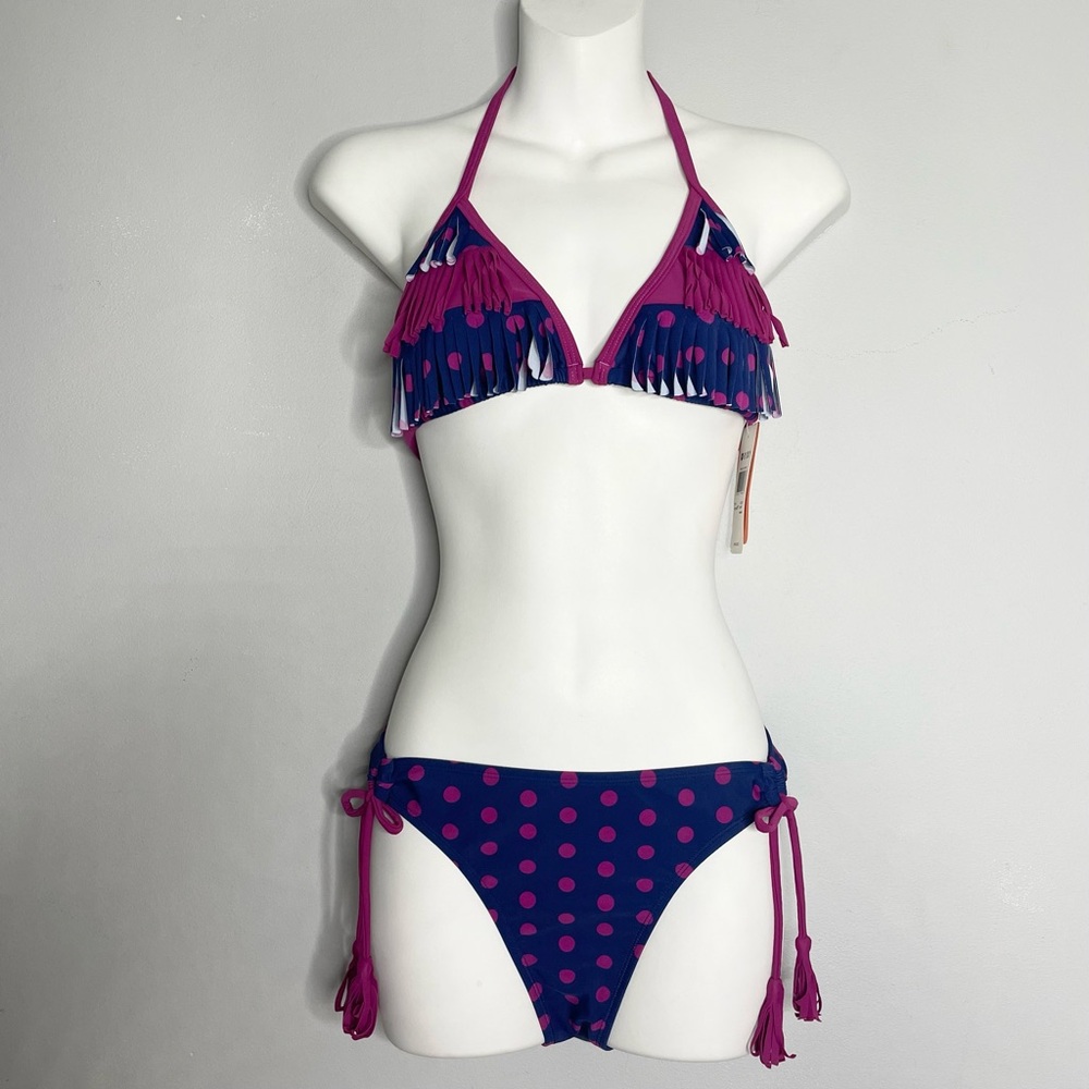 ROXY GIRL Fringe Tiki Polka Dot Triangle Halter Top Bikini Set